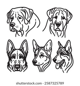 Four black and white outline drawings of dog manes, breeds and features. Icon, utline, isolated on white background, vector