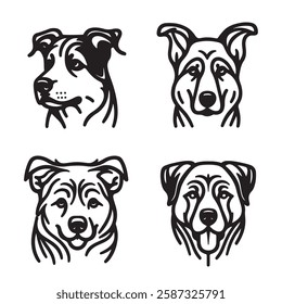 Four black and white outline drawings of dog manes, breeds and features. Icon, utline, isolated on white background, vector