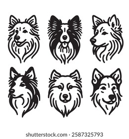 Four black and white outline drawings of dog manes, breeds and features. Icon, utline, isolated on white background, vector