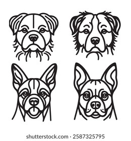 Four black and white outline drawings of dog manes, breeds and features. Icon, utline, isolated on white background, vector