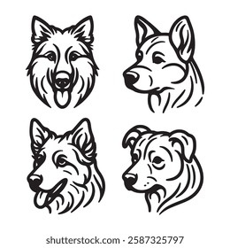 Four black and white outline drawings of dog manes, breeds and features. Icon, utline, isolated on white background, vector