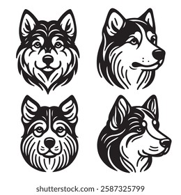 Four black and white outline drawings of dog manes, breeds and features. Icon, utline, isolated on white background, vector