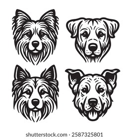 Four black and white outline drawings of dog manes, breeds and features. Icon, utline, isolated on white background, vector