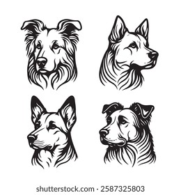 Four black and white outline drawings of dog manes, breeds and features. Icon, utline, isolated on white background, vector