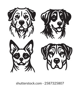 Four black and white outline drawings of dog manes, breeds and features. Icon, utline, isolated on white background, vector