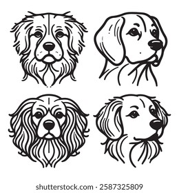 Four black and white outline drawings of dog manes, breeds and features. Icon, utline, isolated on white background, vector