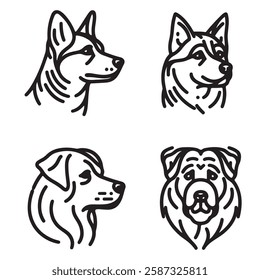 Four black and white outline drawings of dog manes, breeds and features. Icon, utline, isolated on white background, vector