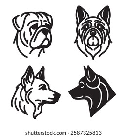 Four black and white outline drawings of dog manes, breeds and features. Icon, utline, isolated on white background, vector