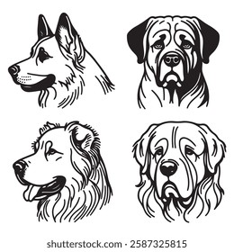 Four black and white outline drawings of dog manes, breeds and features. Icon, utline, isolated on white background, vector