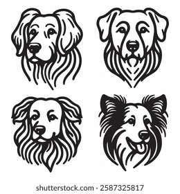 Four black and white outline drawings of dog manes, breeds and features. Icon, utline, isolated on white background, vector