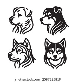 Four black and white outline drawings of dog manes, breeds and features. Icon, utline, isolated on white background, vector