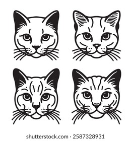 Four black and white outline drawings of cat manes, breeds and features. Icon, utline, isolated on white background, vector