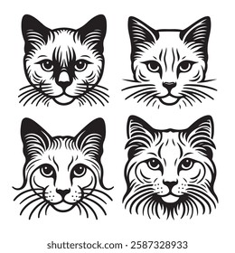 Four black and white outline drawings of cat manes, breeds and features. Icon, utline, isolated on white background, vector