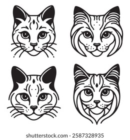 Four black and white outline drawings of cat manes, breeds and features. Icon, utline, isolated on white background, vector