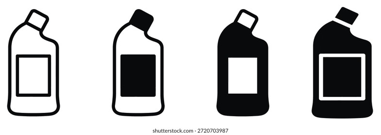 Four black and white plastic bottles with blank labels,Plastic bottle black icon set isolated on transporent. Water bottle flat line style set. Pet bottle plastic. Small and large bottles for water,