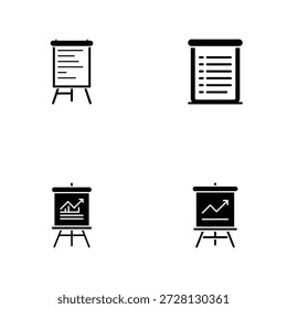 Cuatro caballetes de presentación en blanco y negro con diferentes Palabras claves: presentación, caballete, símbolo
