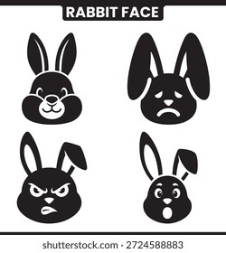 Cuatro iconos de cara de conejo blanco y negro con expresiones variables