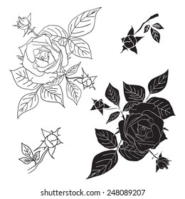 Four black and white roses. Vector illustration. Elements for design tattoo, textiles, prints.