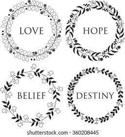 Four black and white round floral borders (frames) for text. Decoration elements for dates, romantic letters, weddings, st. valentine's and other special events.