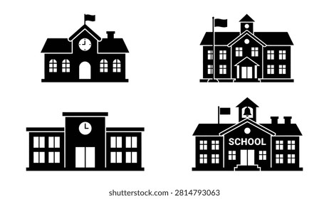 Four black and white school building icons featuring clocks flags and varied architectural designs