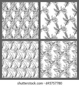 Four Black and White Seamless Tropical Leaves Floral Vector Pattern Background Wallpaper Design