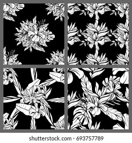 Four Black and White Seamless Tropical Leaves Floral Vector Pattern Background Wallpaper Design