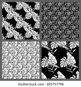 Four Black and White Seamless Tropical Leaves Floral Vector Pattern Background Wallpaper Design