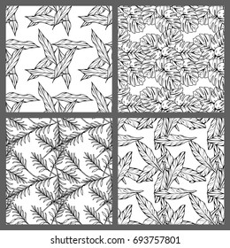 Four Black and White Seamless Tropical Leaves Floral Vector Pattern Background Wallpaper Design
