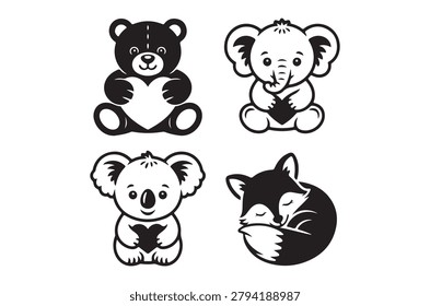 Four black and white silhouette illustrations depict a teddy bear, elephant, koala, and curled-up fox against a white background.