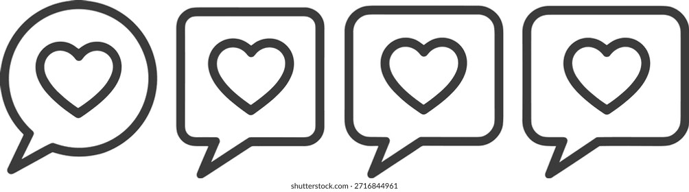 Four black and white speech bubbles with heart symbols inside