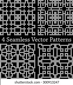 Four black and white square seamless patterns set, vector illustration for use in your creative projects as well as knitting and cross stitch projects.