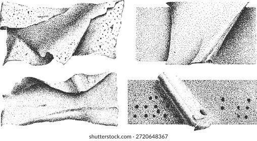 Cuatro texturas abstractas punteadas en blanco y negro con pliegues y puntos de tela