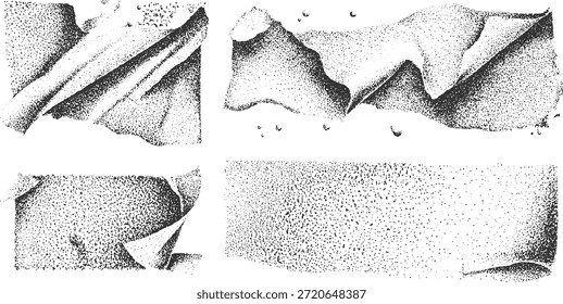 Four black and white stippled abstract textures with folded paper like forms