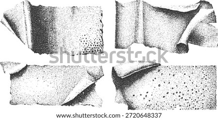 Four black and white stippled textures of torn paper strips with varied dot density and hole patterns