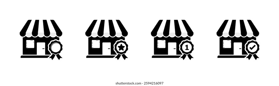 Four black and white storefront icons with award ribbons in different styles. Vector icon