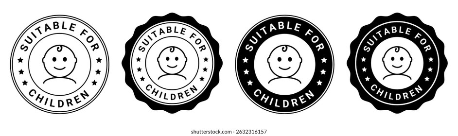 Four black and white suitable for children labels with smiling baby face icon in circular badge design