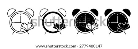 Four black and white symbols show an alarm clock paired with an open book, each with different fill variations. The icons are arranged in a horizontal row on a light gray background.
