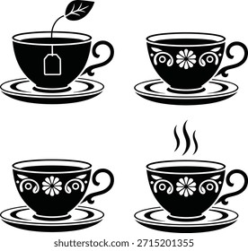 Cuatro tazas de té blanco y negro con patrones florales y bolsita de té