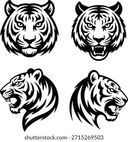 Four Black and White Tiger Head in Different Expressions