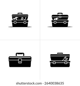Four black and white vector graphics illustrate toolboxes, displaying both open with visible tools, and closed perspectives against a clean, white background.