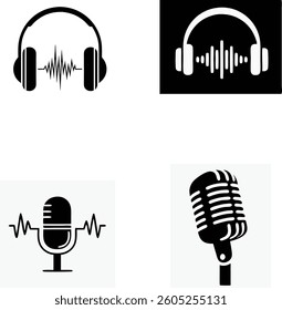four black and white vector icons representing audio and music themes. The top two icons depict headphones with sound wave graphics, while the bottom two show vintage-style microphones