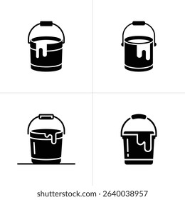 Four black and white vector icons show buckets with paint dripping over the sides, isolated on white. Icons feature slightly different design variations.