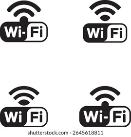 Quatro símbolos wi fi pretos com ondas de sinal e silhueta de texto