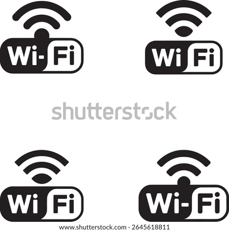 Four black wi fi symbols with signal waves and text silhouette