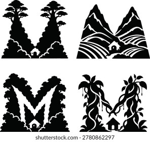 Four black-and-white botanical of pine trees, ferns, and flowers arranged in a square grid. Each quadrant a detailed line of a different plant against a white background. black and......