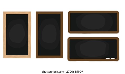 Cuatro marcos de pizarra en blanco en diferentes Formas y tamaños con bordes de madera para menús de restaurante y mensajes personalizados.