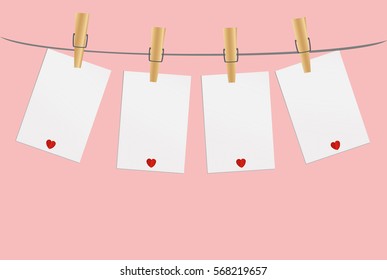 Four blank paper with red heart hanging on the wooden cloth pegs. Free space for your writing or advertising. St. Valentine's Day. Greeting card. Vector illustration on a pink background