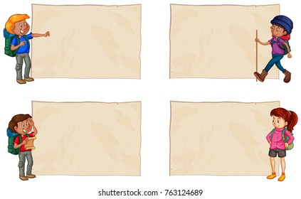 Four blank papers with hikers illustration