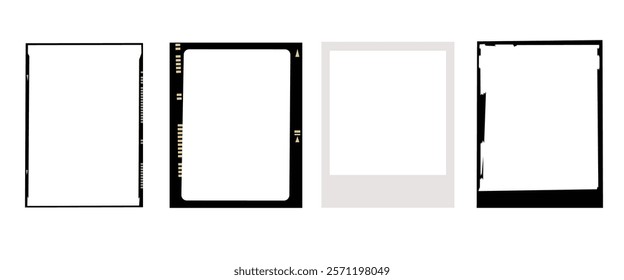 Four blank photo frames, each with unique borders. Frames vary in style, color, and design. Perfect for creative projects or photo displays. Frames enhance photos. Instant photo frames, vector set.