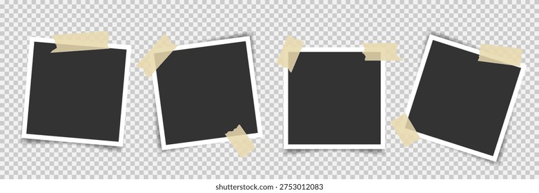 Four blank photo frames glued with adhesive tape strips. Empty instant camera photos with masking tape overlays. Great for wedding travel layouts, digital collage, photo album, social media